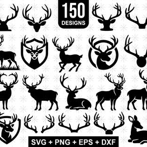 May include: A collection of 150 deer designs in black, including silhouettes of deer heads, full body deer, and antlers. The designs are available in SVG, PNG, EPS, and DXF formats.