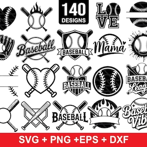 May include: A collection of black and white baseball-themed designs. Includes baseballs, bats, gloves, and text elements like "Baseball," "Mama," and "Baseball Vibes." The image also features the text "140 DESIGNS" and "SVG + PNG + EPS + DXF."