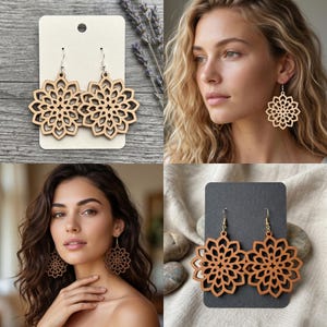 May include: Light-colored wooden earrings featuring a laser-cut mandala pattern with intricate geometric petals. The earrings are suspended from silver-toned metal hooks and are displayed on a rectangular card or worn as dangling accessories.