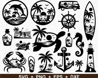 Beach Scene SVG Bundle | Ocean Palm Tree Turtle Lighthouse PNG (Digital Download)