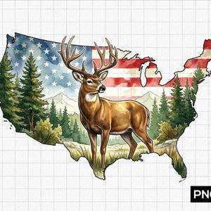 Op de afbeelding: Een digitaal grafisch ontwerp met een bruin hert met een groot gewei dat in een boslandschap met bergen staat, alles vervat in het silhouet van de kaart van de Verenigde Staten gevuld met een aquarel Amerikaanse vlagpatroon en de tekst PNG.