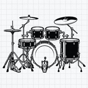 May include: A black and white graphic illustration of a drum kit featuring a bass drum, a snare drum, two rack toms, a floor tom, a hi-hat cymbal with a foot pedal, and a crash cymbal. The design is presented as a clean, high-contrast line drawing.
