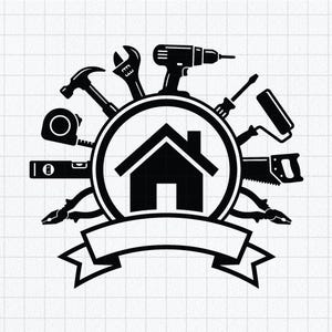 Puede incluir: Un diseño gráfico en blanco y negro con la silueta central de una casa dentro de un marco circular. Diversas herramientas de construcción como martillo, llave inglesa, taladro, destornillador, rodillo, sierra, nivel y alicates rodean el círculo.