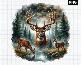 Deer Hunting Watercolor PNG | Whitetail Deer Forest PNG | Patriotic Camo Flag Deer Scene Sublimation Design | Hunting Gift Instant Download