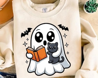 Cute Halloween Ghost Reading Book PNG, Book Lover Gift (Digital Download)