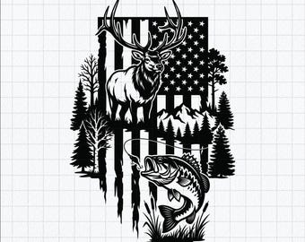Hunting Fishing American Flag SVG, Elk Deer Bass Fish PNG, Patriotic Hunter Cut File, USA Outdoors png, Cricut cut file