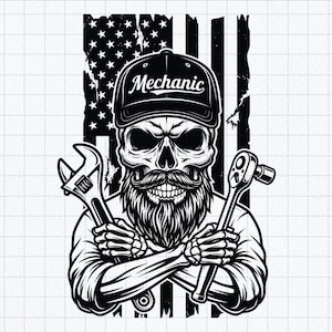 May include: A black and white graphic illustration of a skull with a thick beard wearing a baseball cap with the word Mechanic printed on it. The skull has crossed arms holding a wrench and a ratchet, set against a distressed American flag background.