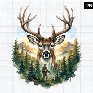 May include: A digital illustration featuring a large brown deer head with prominent antlers centred above a forest landscape. A small figure stands in the woods holding a rifle. The background shows mountains under a soft sky with a grid overlay.