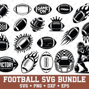 Könnte beinhalten: Ein schwarz-weißes Football-SVG-Bundle mit verschiedenen Designs, darunter Fußbälle mit Flammen, Kronen und dem Wort "VICTORY". Der Text "FOOTBALL SVG BUNDLE" ist ebenfalls enthalten.