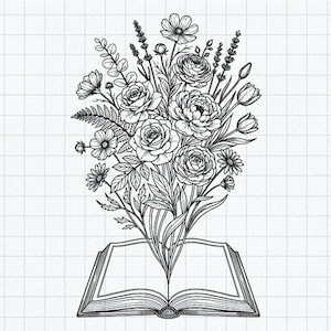 Puede incluir: Una ilustración de arte lineal en blanco y negro que muestra un libro abierto con un gran y detallado ramo de diversas flores, incluyendo rosas, ranúnculos y lavanda, emergiendo del centro de las páginas sobre un fondo de cuadrícula.