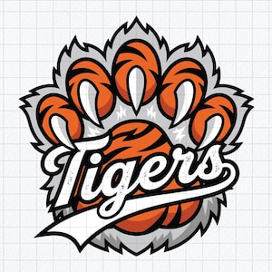 May include: A graphic illustration of a tiger paw print featuring orange and black stripes, sharp white claws, and a grey outline. The word Tigers is written in a white, bold, script-style font across the center of the paw print design.