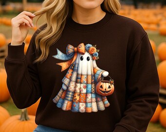 Retro Patchwork Ghost PNG, Spooky Season, Fall Pumpkin (Digital Download)