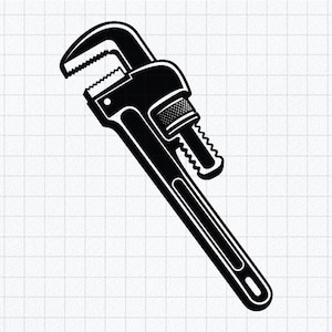 May include: A black and white graphic illustration of a heavy-duty pipe wrench. The tool features a serrated jaw, an adjustable nut with a textured grip, and a long handle with a cutout, presented in a clean, high-contrast vector style.