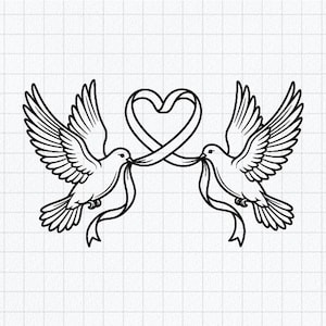 Op de afbeelding: Een zwart-wit lijntekening met twee symmetrische duiven in vlucht, naar elkaar toe gericht. Elke vogel houdt een uiteinde van een doorlopend lint in de snavel, dat naar boven krult om een hartvorm te vormen in het midden van de compositie.
