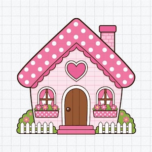Op de afbeelding: Een illustratie van een roze huis met een dak met witte stippen, een hart in het midden, een bruine deur, twee ramen met roze gordijnen en bloembakken, een schoorsteen en een wit tuinhek omringd door groene struiken met roze bloemen.