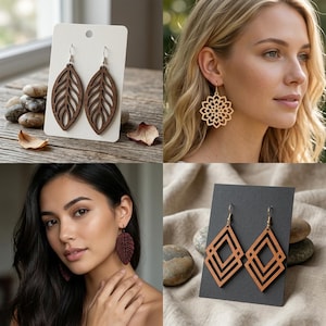 May include: A collection of laser-cut wooden earrings featuring various geometric and leaf-inspired designs. The set includes dark brown leaf-shaped dangles, a light tan mandala-style circular earring, and light brown diamond-shaped layered earrings.
