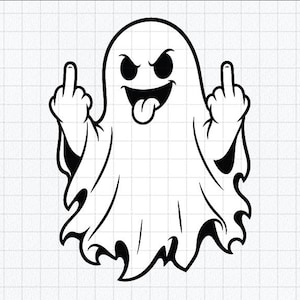 May include: A black and white graphic illustration of a ghost with a mischievous expression, featuring wide eyes, a wide open mouth with a tongue sticking out, and both hands raised with the middle fingers extended in a defiant gesture.