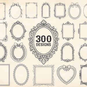 Könnte beinhalten: Eine Sammlung von 300 verzierten Rahmen-Designs in verschiedenen Formen, darunter oval, rechteckig und herzförmig, mit dekorativen Verzierungen wie Schleifen und floralen Mustern. Die Rahmen sind schwarz auf cremefarbenem Hintergrund.