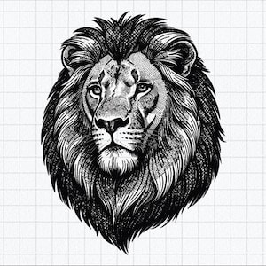 May include: A black and white graphic illustration of a lion head featuring detailed cross-hatching and line work. The lion is depicted with a full, thick mane and a focused expression, presented against a subtle white grid background pattern.