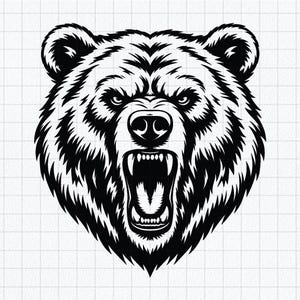 Pode incluir: Uma ilustração gráfica a preto e branco de uma cabeça de urso com uma expressão de rosnado, mostrando dentes expostos e boca aberta. O design apresenta linhas arrojadas de alto contraste e texturas de pelo detalhadas num fundo de grelha.