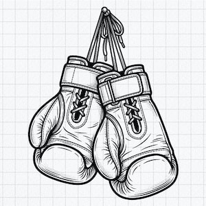 May include: A black and white line art illustration of a pair of boxing gloves hanging by their laces. The gloves feature detailed stitching, wrist straps, and a classic lace-up design, rendered with bold outlines and cross-hatching shading techniques.
