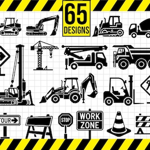 Può includere: Immagine di veicoli edili e segnali stradali in bianco e nero su sfondo bianco con strisce di pericolo gialle e nere. Il testo "65 DESIGNS" è in un riquadro giallo.