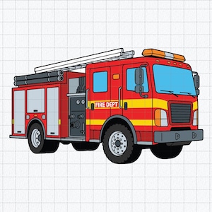 Puede incluir: Una ilustración de un camión de bomberos rojo con rayas horizontales amarillas en el lateral, una escalera blanca montada en el techo y el texto FIRE DEPT impreso en blanco en el lateral. El vehículo tiene ventanas azules, neumáticos negros y luces naranjas.