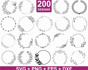 Floral Wreath SVG Bundle, 200 Botanical Circle Frames (Digital Download)
