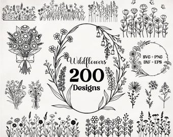 Wildflower Line Art SVG Bundle, Botanical Flower Designs (Commercial Use, Digital Download )