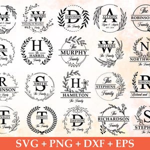 May include: A collection of twenty black and white circular and oval monogram designs featuring various family names, initials, and floral wreath accents. The bottom of the image displays the text SVG + PNG + DXF + EPS in white font.