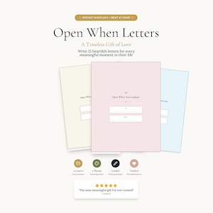 May include: Three pastel-coloured "Open When Letters" cards. The cards are light pink, light blue, and cream-coloured. The text on the cards reads "Open When You Graduate" and "A Timeless Gift of Love". The image also includes icons and text.