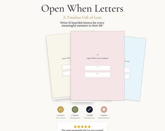 May include: A set of three pastel-colored "Open When Letters" cards. The cards are light pink, light blue, and cream-colored. The text on the cards reads "Open When You Graduate" and "A Timeless Gift of Love". The image also includes icons and text.