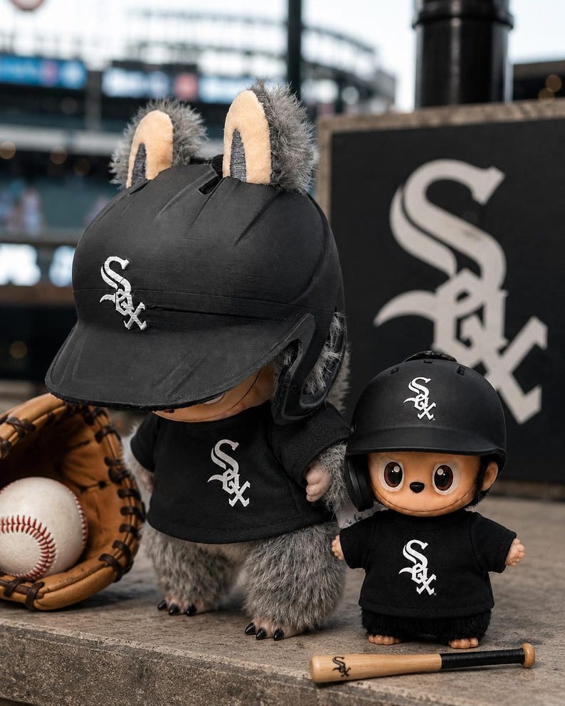 Puede incluir: Dos figuras de peluche con cascos y camisetas de b&eacute;isbol negros con el logo "SOX". Una figura tiene orejas peludas. Tambi&eacute;n hay una pelota de b&eacute;isbol, un guante y un bate.