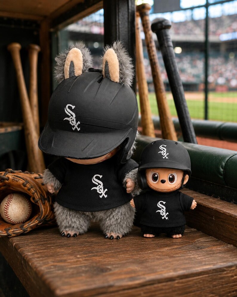 Puede incluir: Dos figuras de peluche con uniformes de b&eacute;isbol negros con el logo de los Chicago White Sox. La figura m&aacute;s grande tiene orejas peludas y un casco de b&eacute;isbol. Un guante y una pelota de b&eacute;isbol est&aacute;n en el fondo. Las figuras est&aacute;n sobre una superficie de madera.