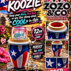 May include: A vibrant advertisement for a Puerto Rico Koozie, featuring a drum-shaped cooler with the Puerto Rican flag design. The image includes text promoting the product and a can of Alani Energy drink.