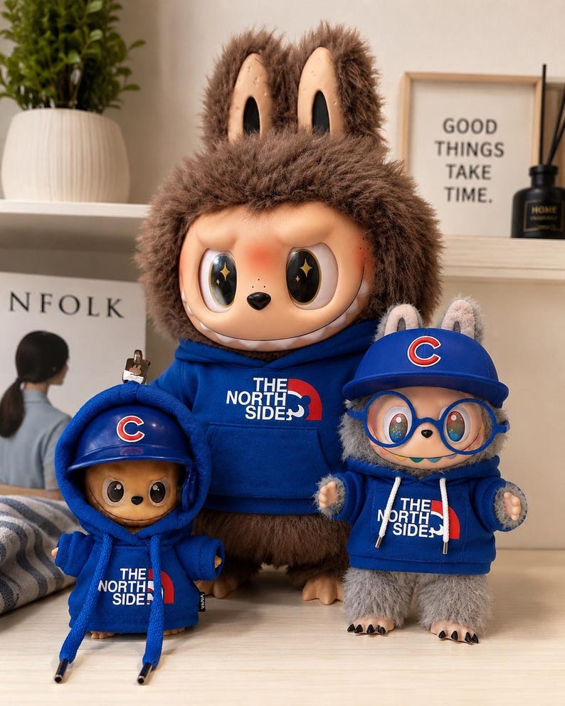 May include: Three plush figures wearing blue hoodies and baseball caps. The hoodies have "THE NORTH SIDE" printed on them. The largest figure has a furry brown head and ears. The caps have a "C" logo.