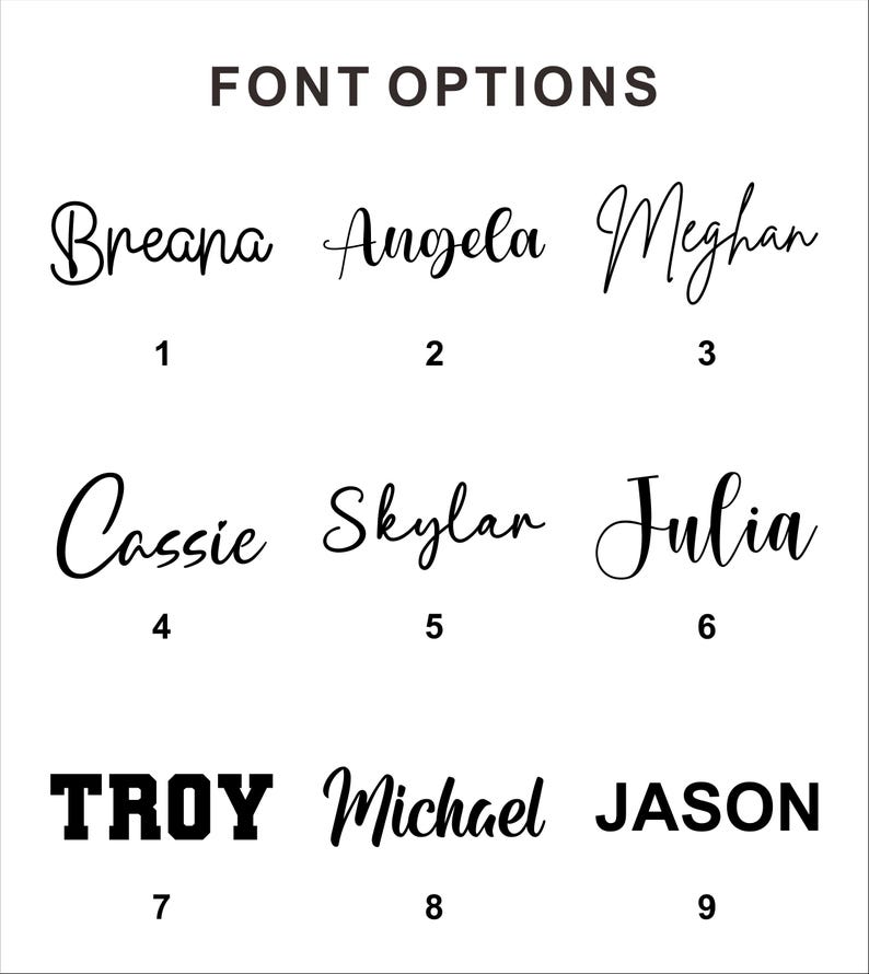 May include: A white background displays the text "FONT OPTIONS" above nine font style examples. The names Breana, Angela, and Meghan are shown in cursive. Cassie, Skylar, and Julia are also in cursive. Troy, Michael, and Jason are shown in bold.