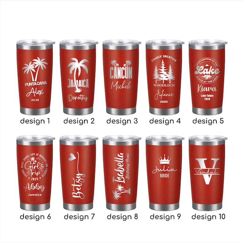May include: A collection of ten red insulated tumblers with silver lids. Each tumbler features personalized designs, including names, dates, and tropical imagery. The designs are etched in silver, creating a contrasting effect.