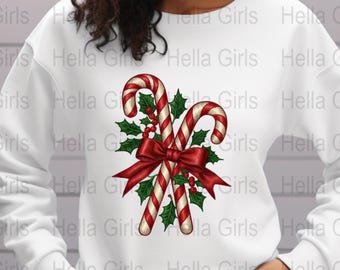 Candy Cane PNG, Christmas Bow Sublimation Design, Holiday Holly Berry Clipart, Festive Christmas Shirt Digital Download
