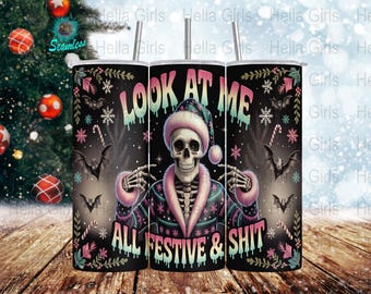 Festive Skeleton Tumbler Wrap PNG: Goth Christmas Sublimation (Digital Download)