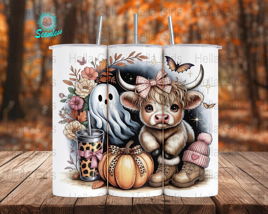 Cute Highland Cow Halloween PNG for 20oz Skinny Tumbler, Fall Ghost ...
