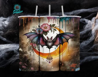 Gothic Bat & Moon Tumbler Design: Whimsical Halloween PNG (Digital Download)