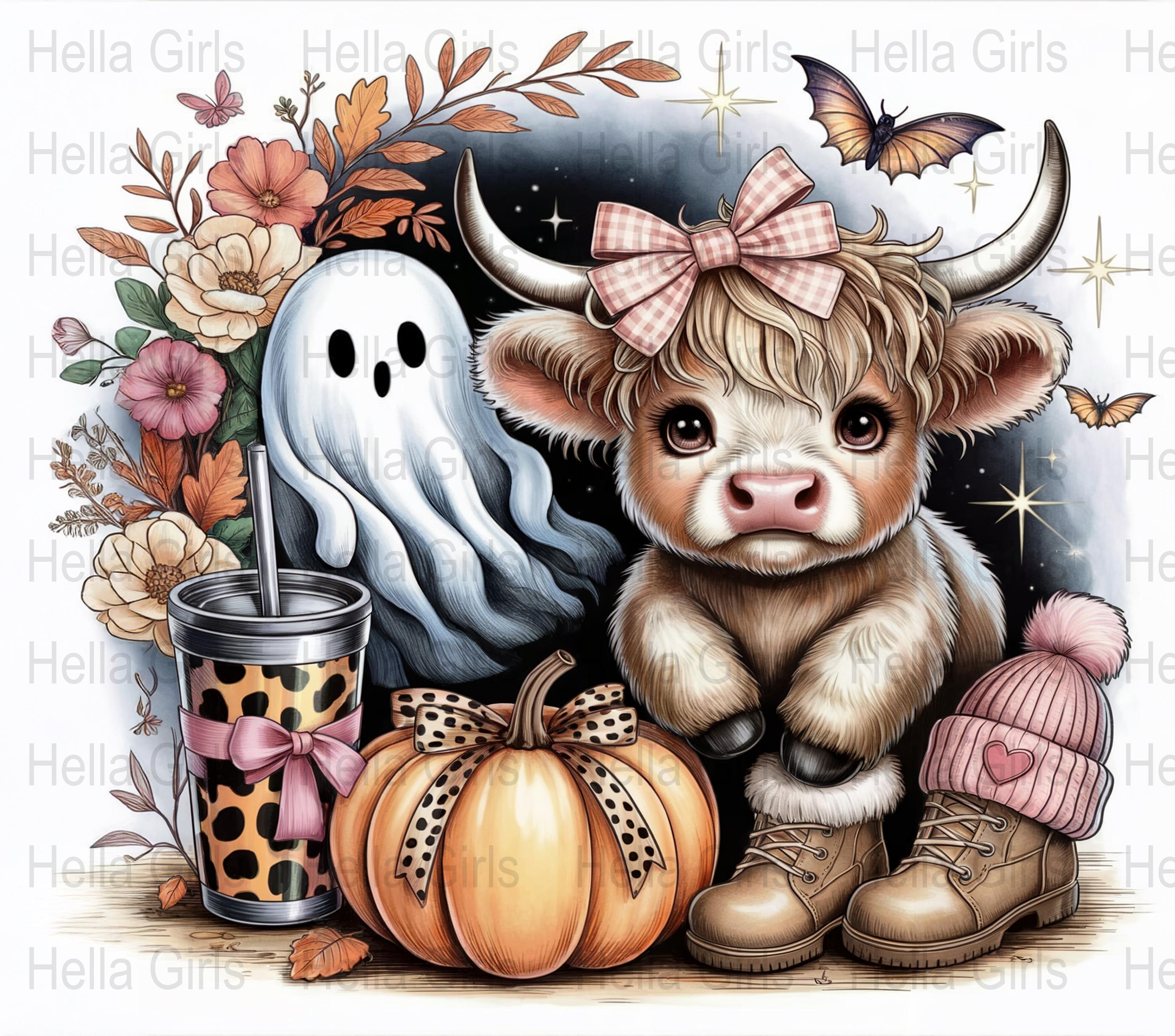 Cute Highland Cow Halloween PNG for 20oz Skinny Tumbler, Fall Ghost ...