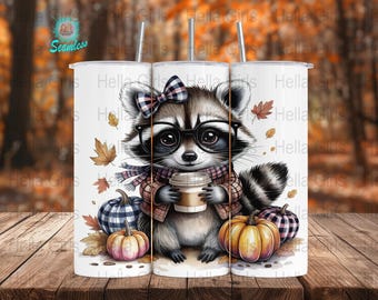 Cute Fall Raccoon PNG for 20oz Skinny Tumbler, Autumn Coffee Sublimation Design, Cozy Pumpkin Season Digital Download