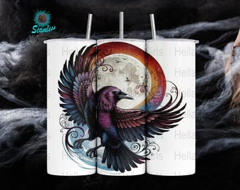 Raven Full Moon PNG: Gothic Tumbler Sublimation Design (Digital Download)