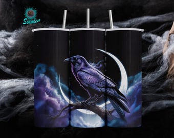 Gothic Raven Moon PNG: Witchy Tumbler Sublimation Design (Digital Download)