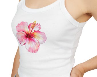 Single Pink Hibiscus Flower Print Spaghetti Strap Tank Top, Women's Summer Top, Vacation Outfit, Casual Wear, Hibiscus Design, Gift for Her