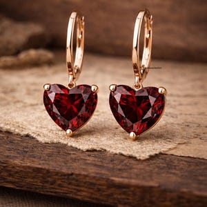 May include: A pair of heart-shaped earrings with a deep red gemstone. The earrings have a gold-colored hoop design. The gemstones are faceted, catching the light. The earrings are displayed on a textured, neutral-colored surface.