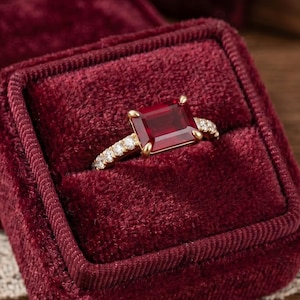 Emerald Cut Ruby Engagement Ring 14k Gold Vintage Red Gemstone Ring for Women Dainty Diamond Wedding Band July Birthstone Anniversary Gift