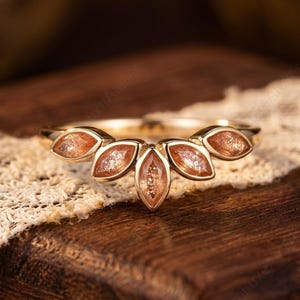 Marquise Sunstone Curved Wedding Band Rose Gold Vintage Unique Stacking Ring Enhancer Art Deco Chevron Matching Band Anniversary Gift her